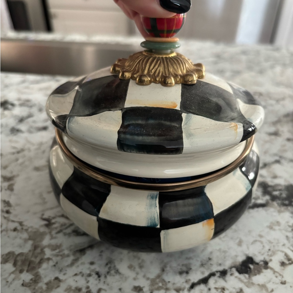 Mackenzie Childs Checkered Ceramic Jar with Gold Accents